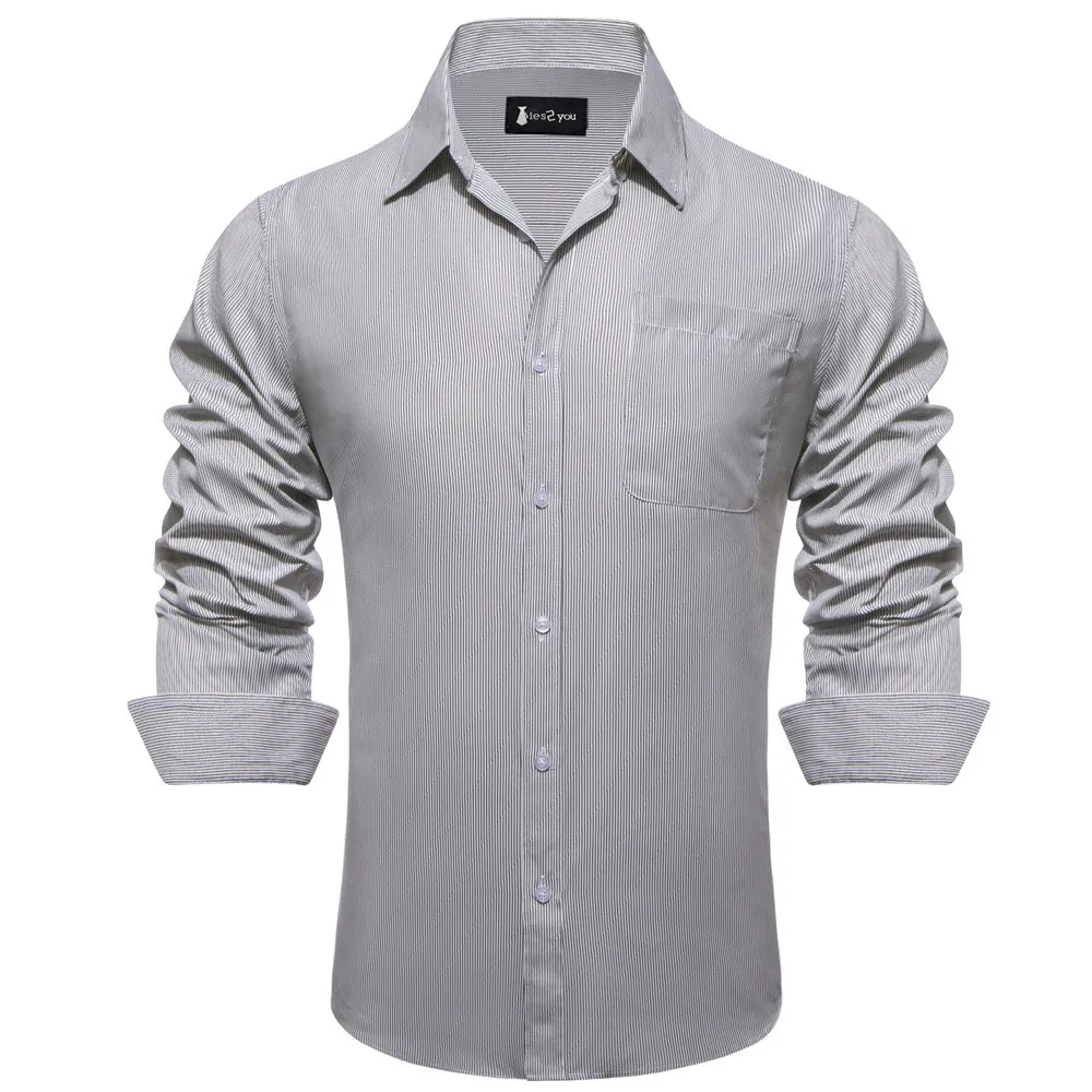 Ties2you Dress Shirt White Grey Striped Button Up Silk Long Sleeve Men's Shirt sold by Ties2You product image thumbnail 2