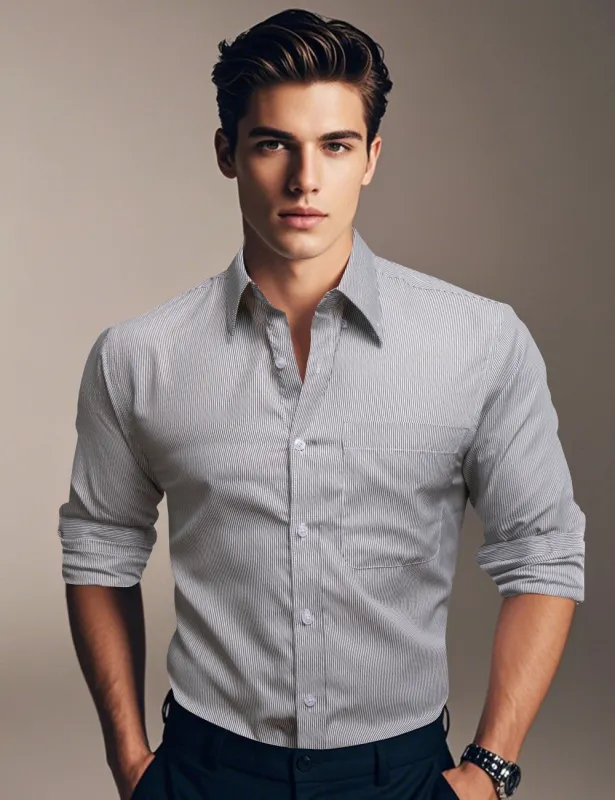 Ties2you Dress Shirt White Grey Striped Button Up Silk Long Sleeve Men's Shirt sold by Ties2You