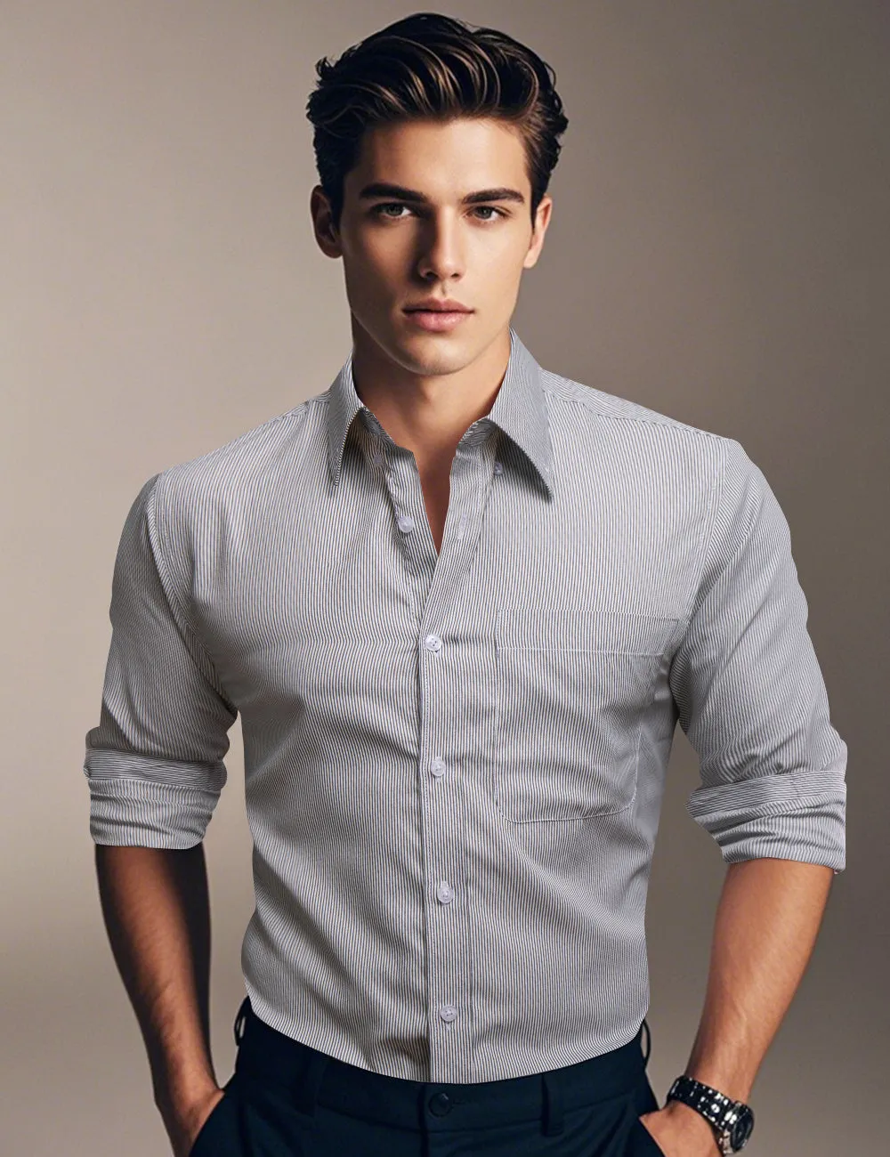 Ties2you Dress Shirt White Grey Striped Button Up Silk Long Sleeve Men's Shirt sold by Ties2You