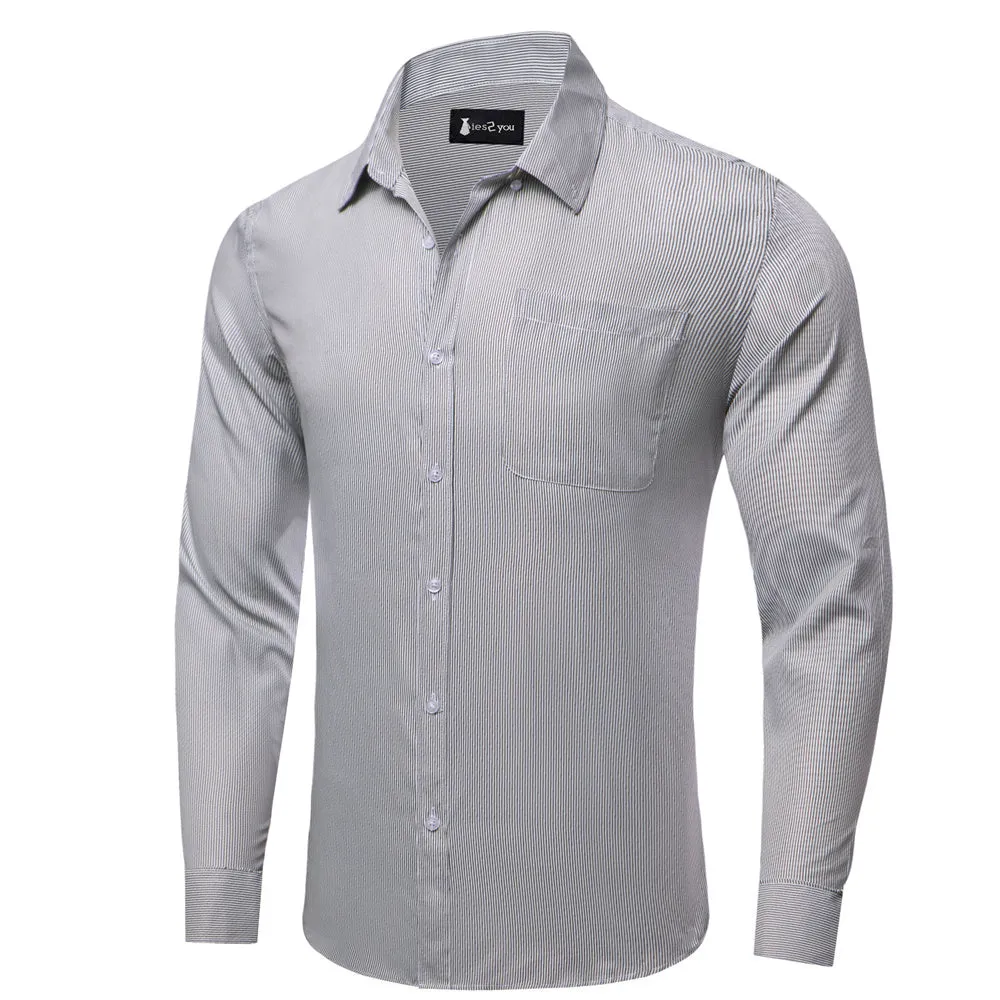 Ties2you Dress Shirt White Grey Striped Button Up Silk Long Sleeve Men's Shirt sold by Ties2You product image thumbnail 3
