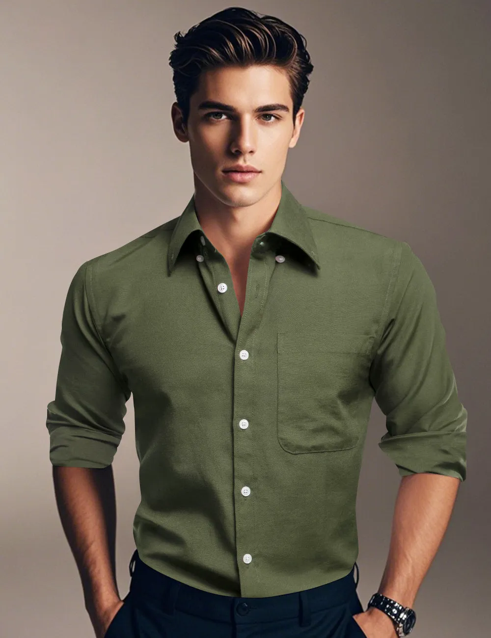 Ties2you Dress Shirt Hunter Green Solid Button Up Silk Long Sleeve Men's Shirt sold by Ties2You