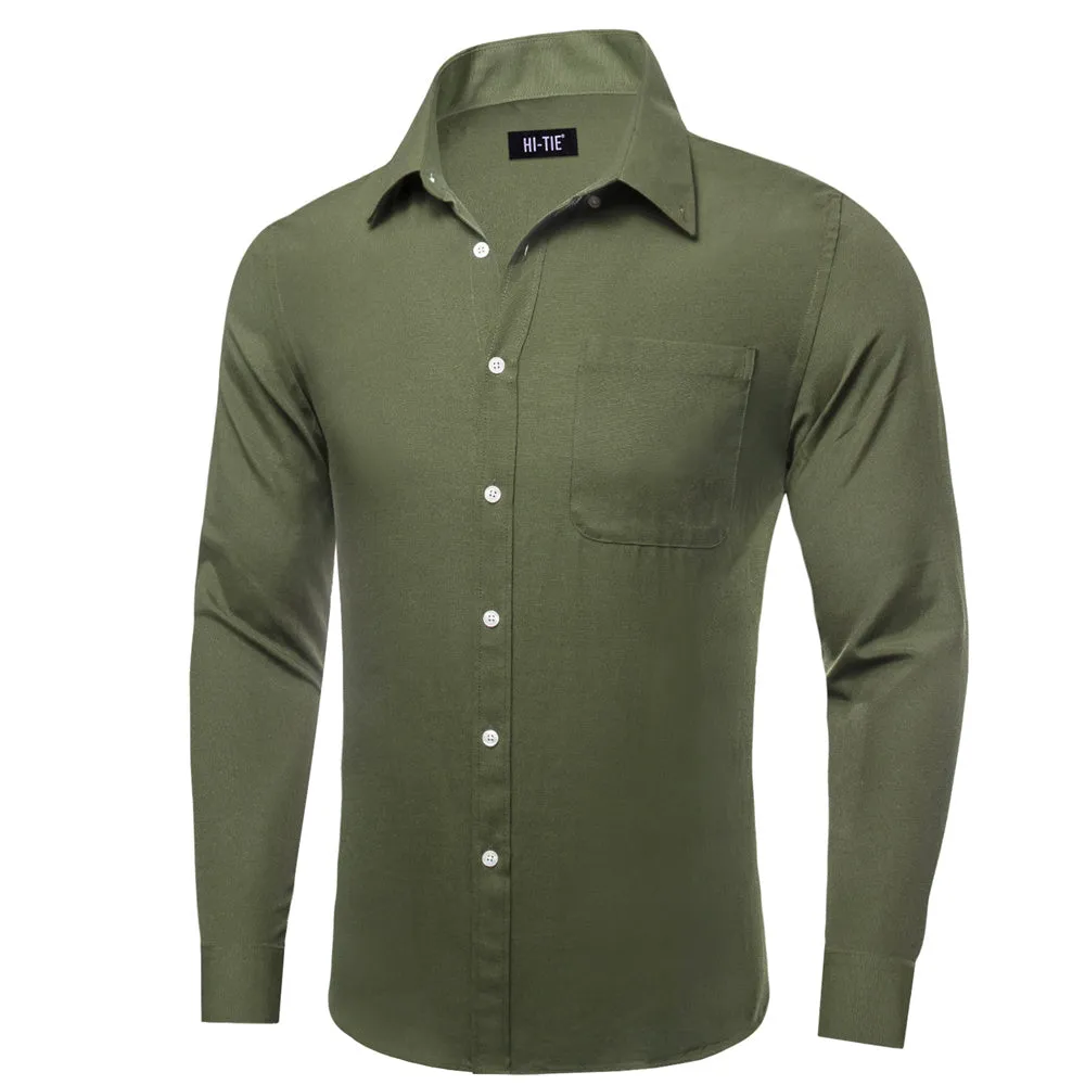 Ties2you Dress Shirt Hunter Green Solid Button Up Silk Long Sleeve Men's Shirt sold by Ties2You product image thumbnail 4
