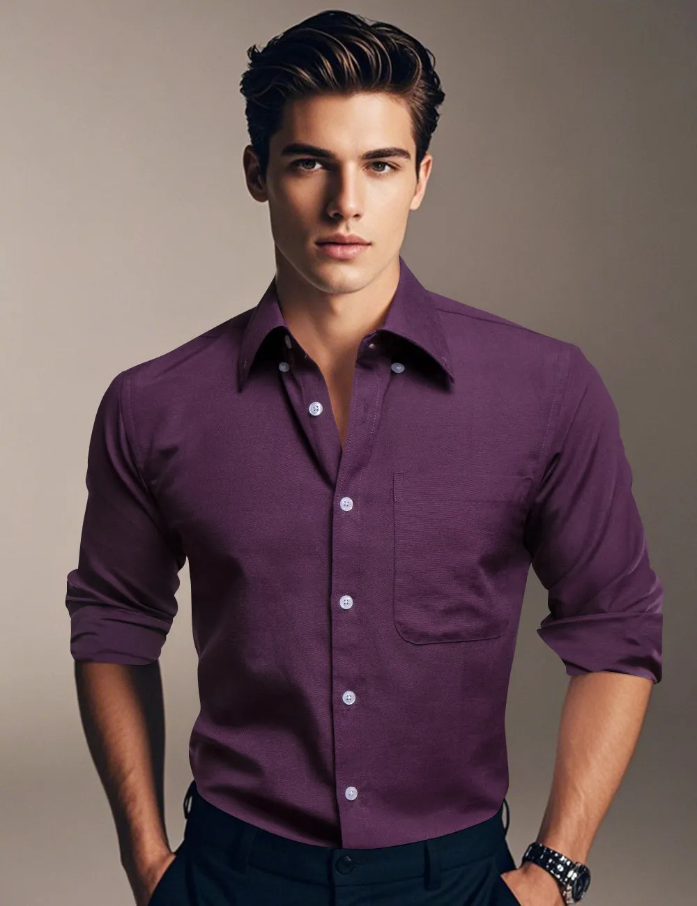 Ties2you Dress Shirt Dark Purple Solid Button Up Silk Long Sleeve Men's Shirt sold by Ties2You product image thumbnail 2