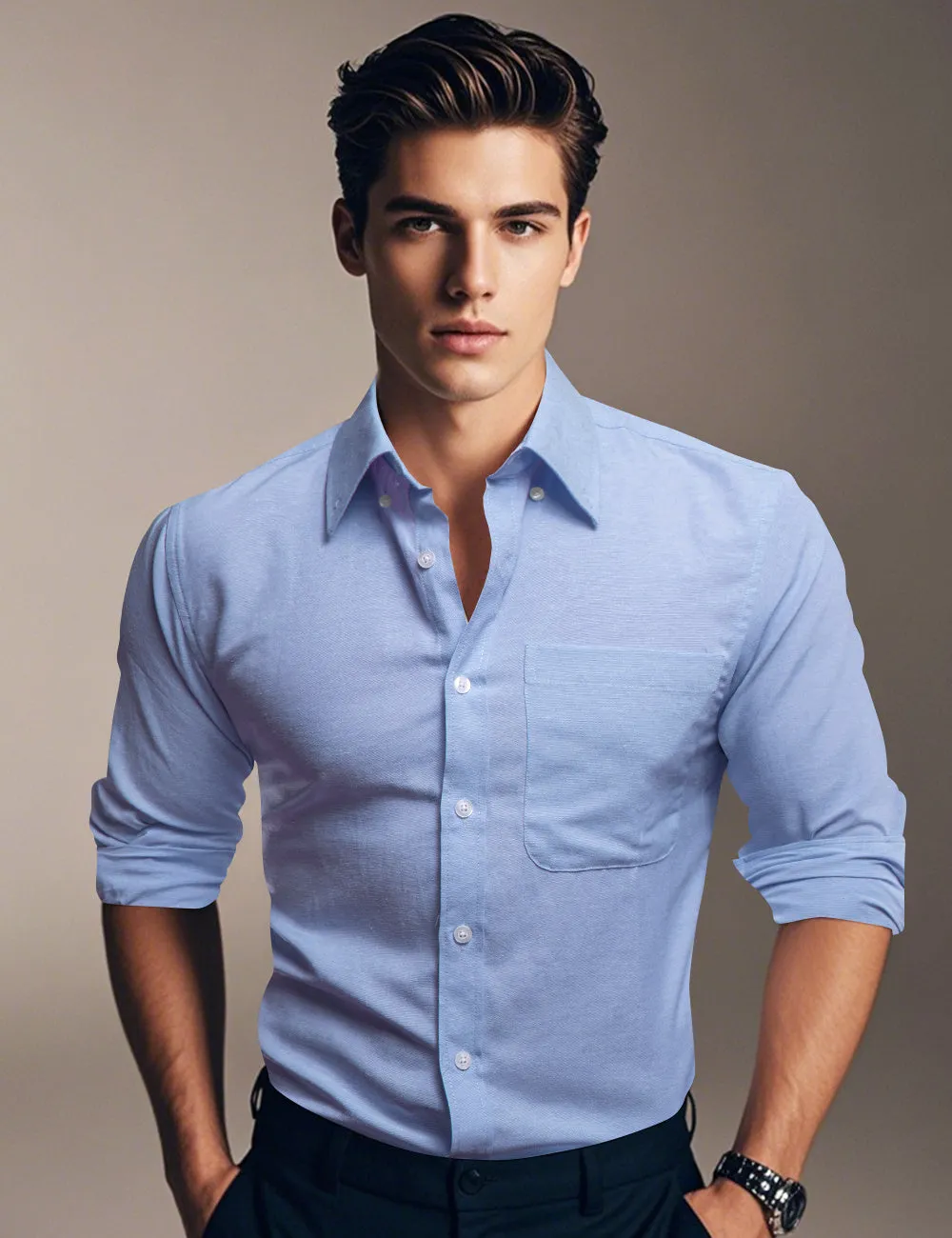 Ties2you Dress Shirt Sky Blue Solid Button Up Silk Long Sleeve Men's Shirt sold by Ties2You product image thumbnail 5