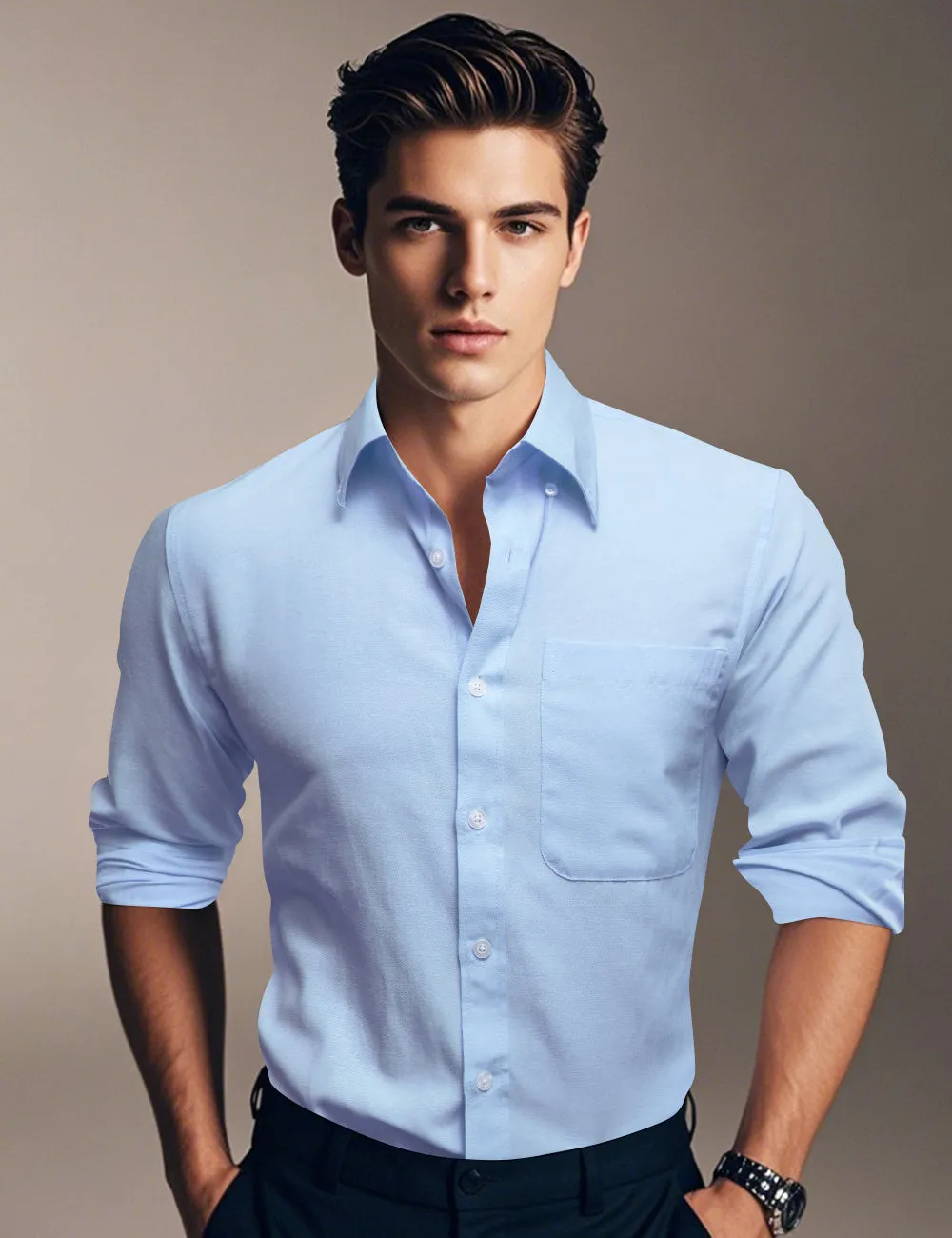 Ties2you Dress Shirt Pale Sky Blue Solid Button Up Silk Long Sleeve Men's Shirt sold by Ties2You product image thumbnail 2