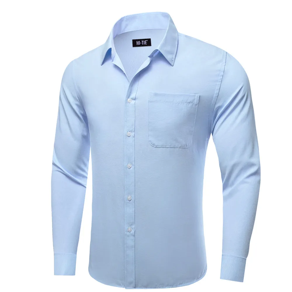 Ties2you Dress Shirt Pale Sky Blue Solid Button Up Silk Long Sleeve Men's Shirt sold by Ties2You product image thumbnail 4