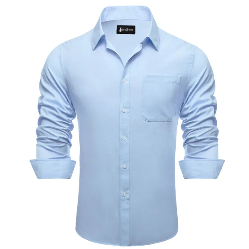 Ties2you Dress Shirt Pale Sky Blue Solid Button Up Silk Long Sleeve Men's Shirt sold by Ties 2 You