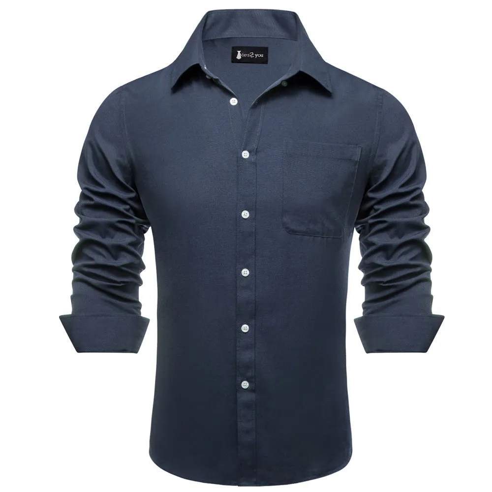 Ties2you Dress Shirt Blue Solid Button Up Silk Long Sleeve Men's Shirt sold by Ties2You product image thumbnail 4