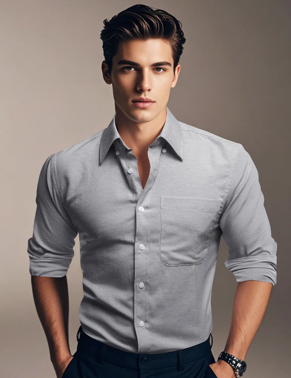 Ties2you Dress Shirt Blue Solid Button Up Silk Long Sleeve Men's Shirt sold by Ties2You product image thumbnail 3