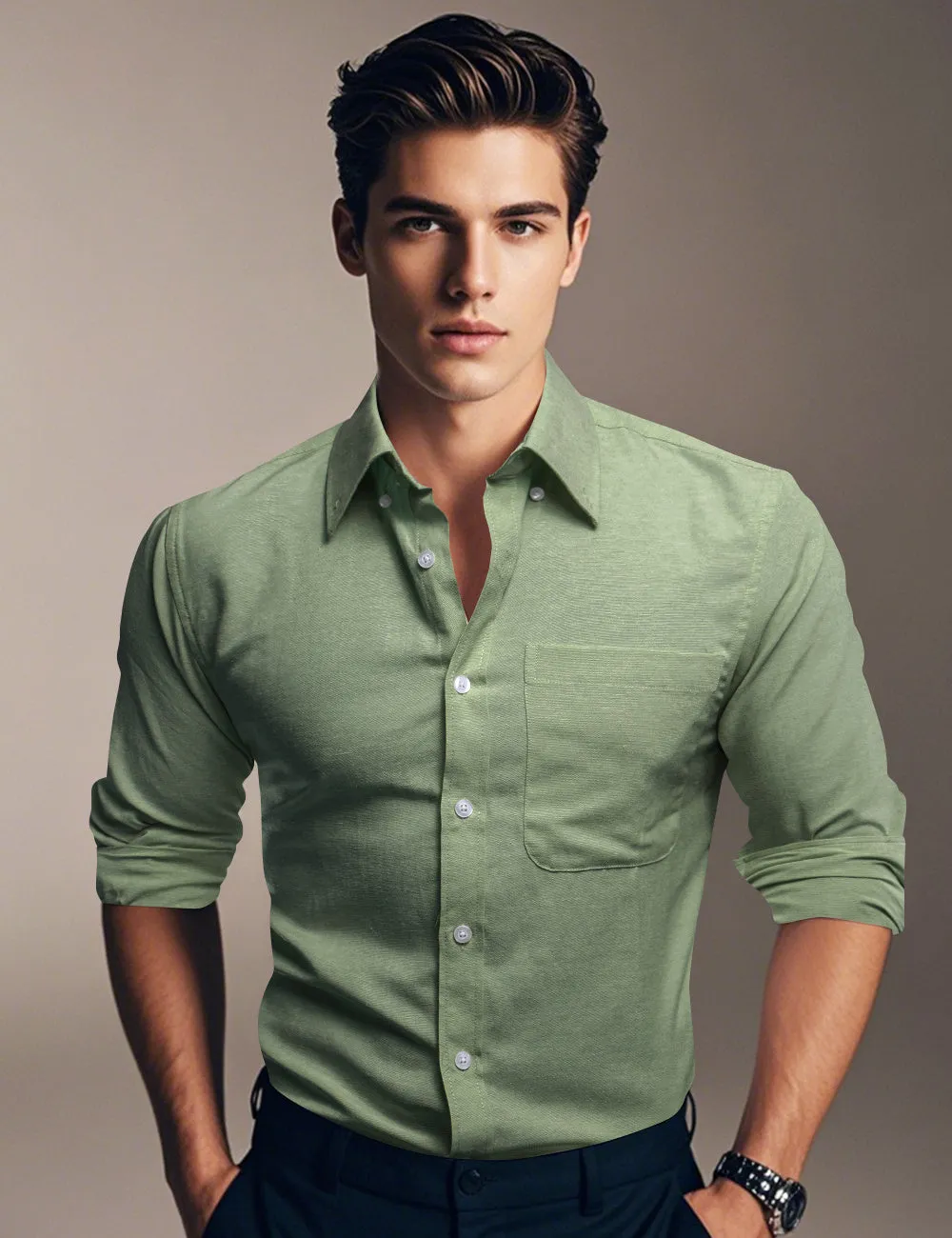 Ties2you Dress Shirt Blue Solid Button Up Silk Long Sleeve Men's Shirt sold by Ties2You product image thumbnail 2