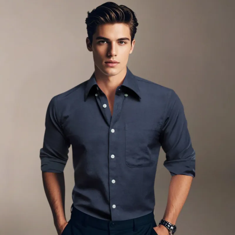 Ties2you Dress Shirt Blue Solid Button Up Silk Long Sleeve Men's Shirt sold by Ties2You