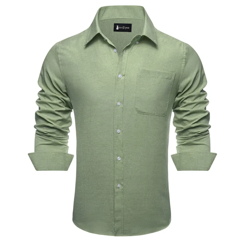 Ties2you Dress Shirt Green Solid Button Up Silk Long Sleeve Men's Shirt sold by Ties2You