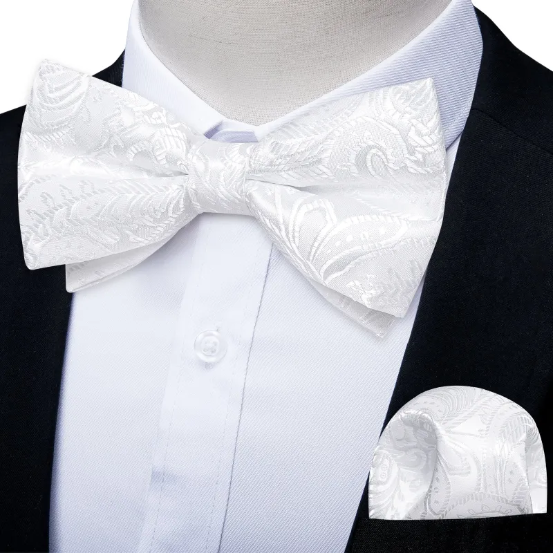 Ties2you White Paisley Pre-tied Bow Tie Hanky Cufflinks Set sold by Ties2You