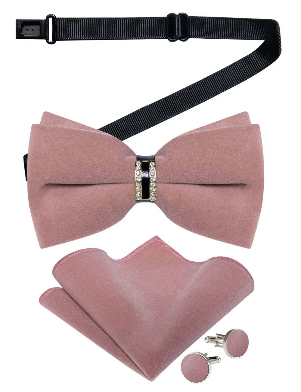 Ties2you Pink Solid Pre-tied Velvet Bow Tie Hanky Cufflinks Set sold by Ties2You product image thumbnail 3