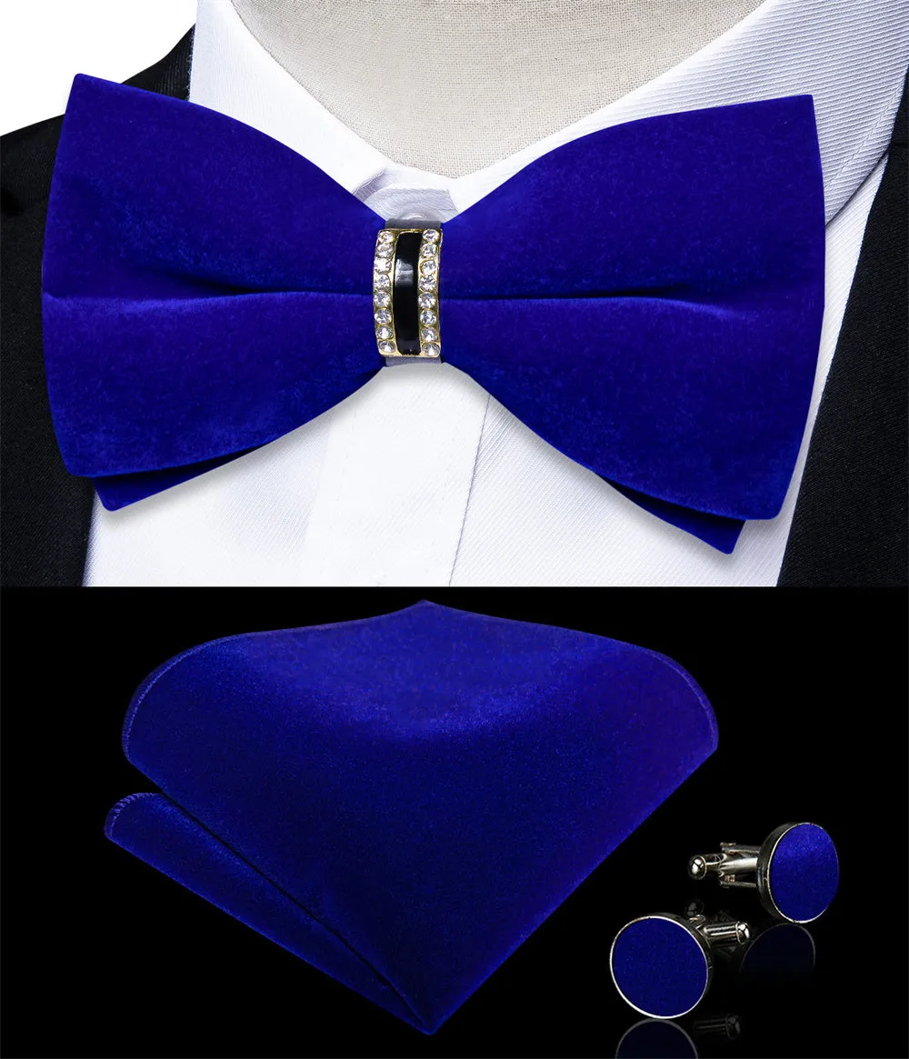 Ties2you Royal Blue Solid Pre-tied Velvet Bow Tie Hanky Cufflinks Set sold by Ties2You product image thumbnail 2