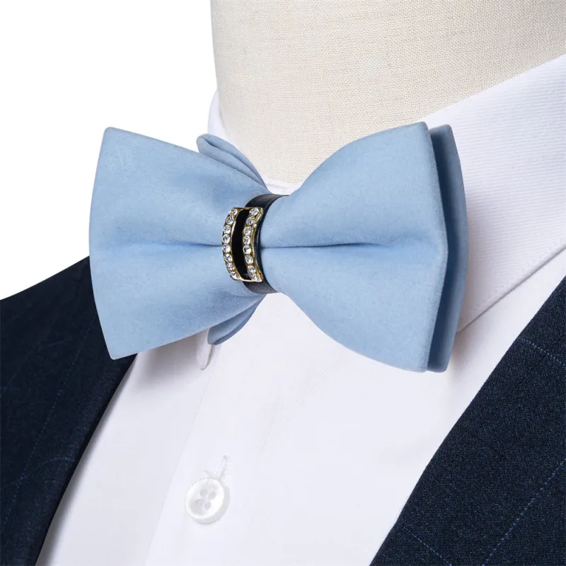 Ties2you Sky Blue Solid Pre-tied Velvet Bow Tie Hanky Cufflinks Set sold by Ties2You