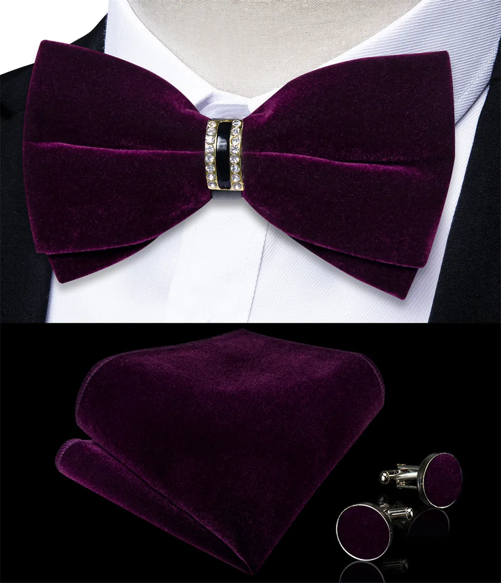 Ties2you Dark Purple Solid Pre-tied Velvet Bow Tie Hanky Cufflinks Set sold by Ties2You product image thumbnail 2
