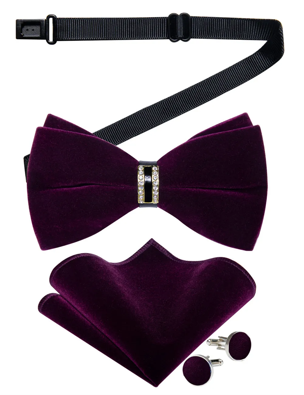 Ties2you Dark Purple Solid Pre-tied Velvet Bow Tie Hanky Cufflinks Set sold by Ties2You product image thumbnail 3