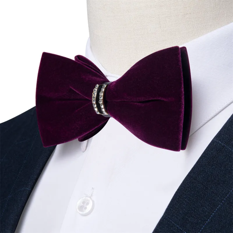 Ties2you Dark Purple Solid Pre-tied Velvet Bow Tie Hanky Cufflinks Set sold by Ties2You