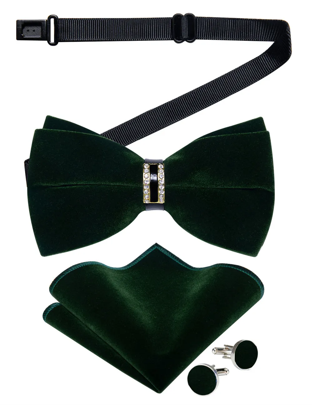 Ties2you Dark Green Solid Pre-tied Velvet Bow Tie Hanky Cufflinks Set sold by Ties2You product image thumbnail 3