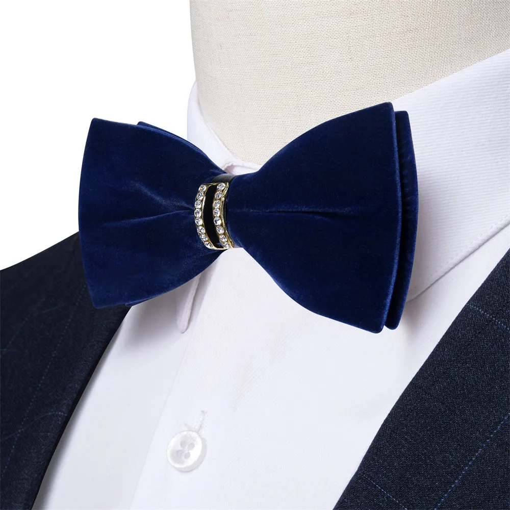 Ties2you Dark Midnight-Blue Solid Pre-tied Velvet Bow Tie Hanky Cufflinks Set sold by Ties2You