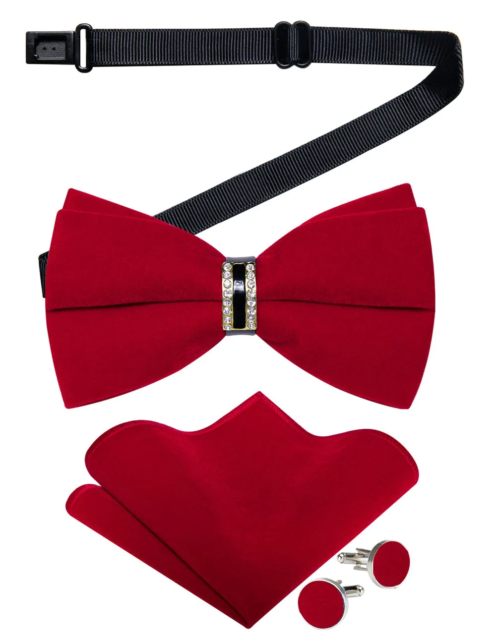Ties2you Red Solid Pre-tied Velvet Bow Tie Hanky Cufflinks Set sold by Ties2You product image thumbnail 3