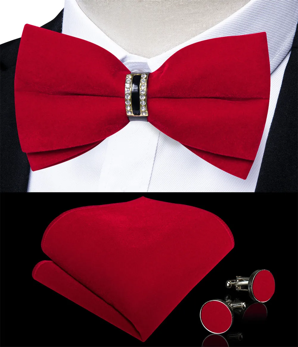 Ties2you Red Solid Pre-tied Velvet Bow Tie Hanky Cufflinks Set sold by Ties2You product image thumbnail 2