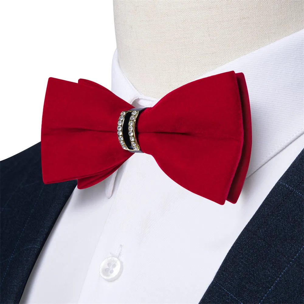 Ties2you Red Solid Pre-tied Velvet Bow Tie Hanky Cufflinks Set sold by Ties2You