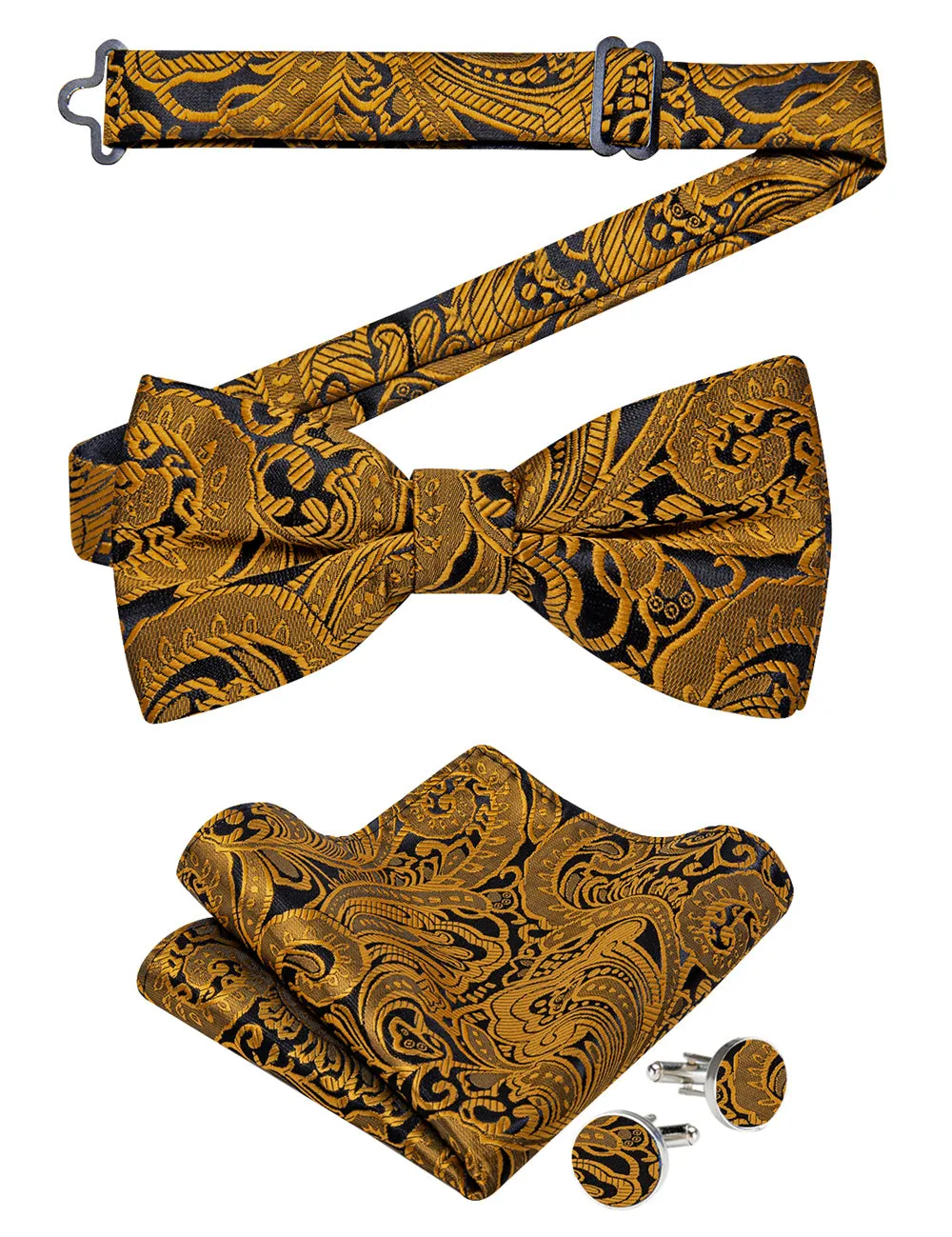 Ties2you Gold Paisley Pre-tied Bow Tie Hanky Cufflinks Set sold by Ties2You product image thumbnail 3
