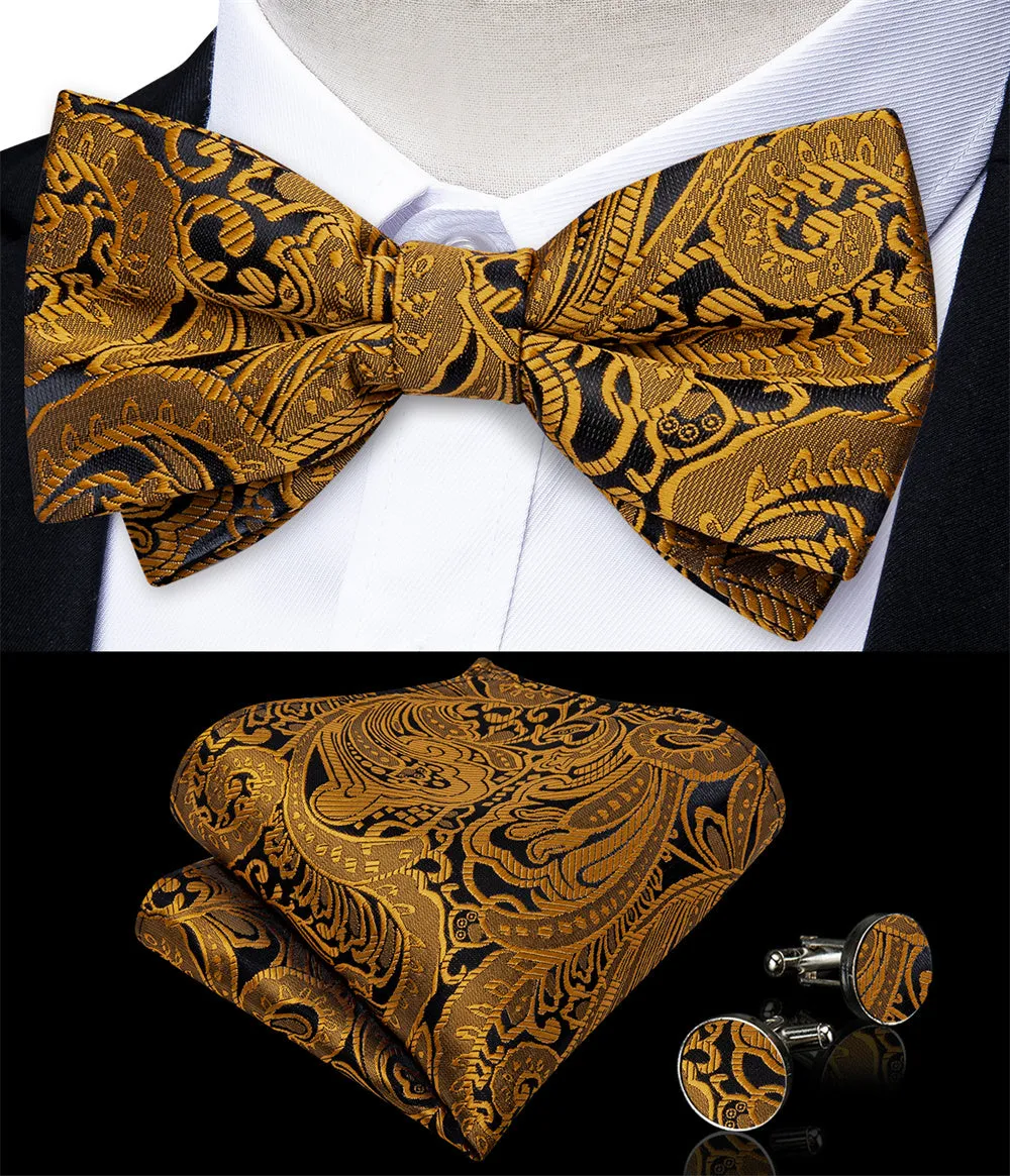 Ties2you Gold Paisley Pre-tied Bow Tie Hanky Cufflinks Set sold by Ties2You product image thumbnail 2