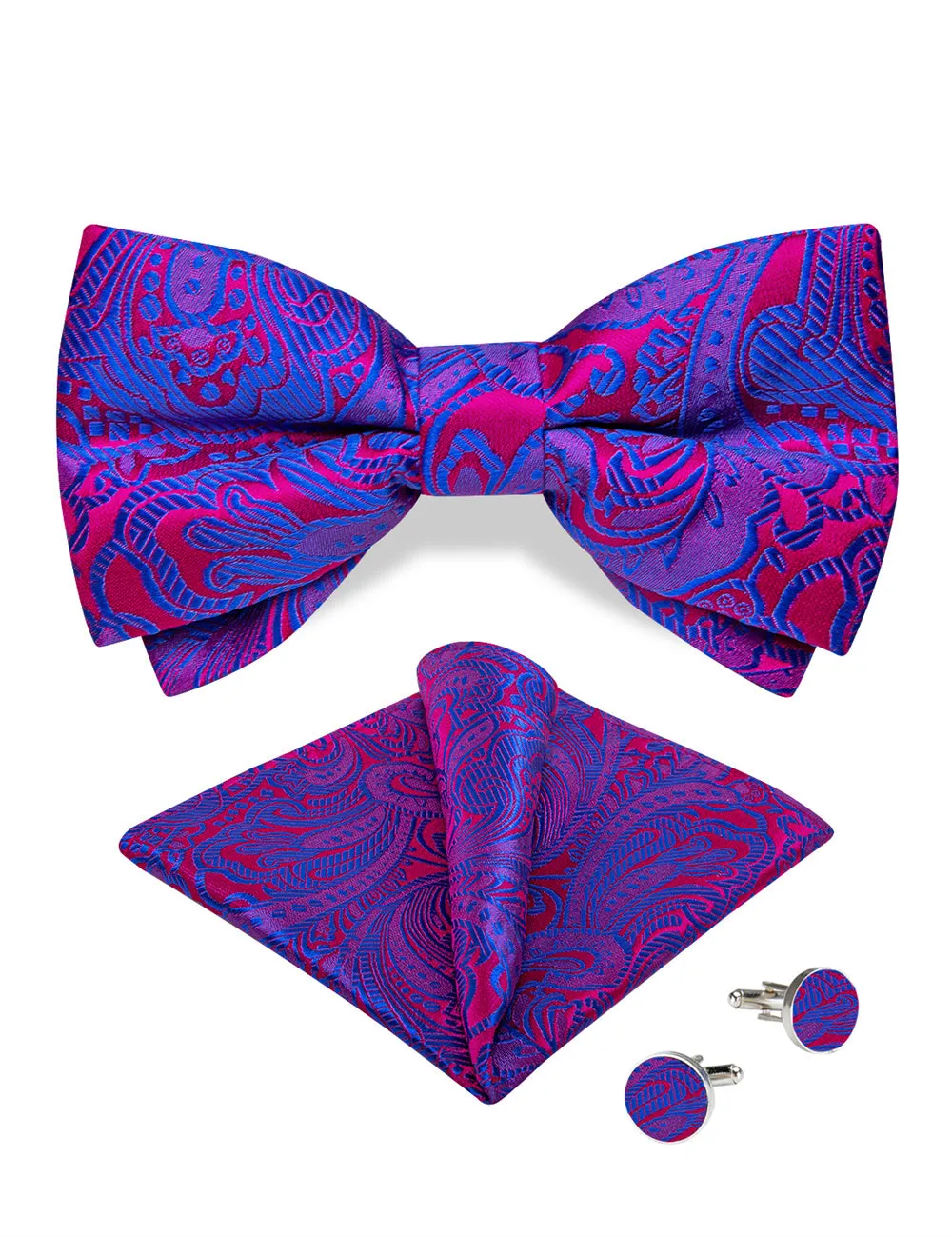 Ties2you Blue Red Paisley Pre-tied Bow Tie Hanky Cufflinks Set sold by Ties2You product image thumbnail 5