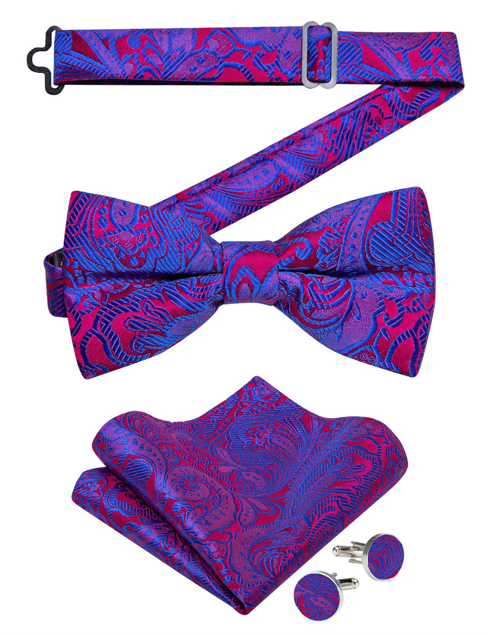 Ties2you Blue Red Paisley Pre-tied Bow Tie Hanky Cufflinks Set sold by Ties2You product image thumbnail 3