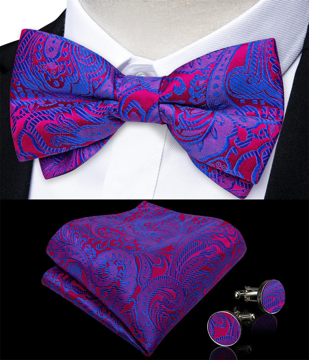 Ties2you Blue Red Paisley Pre-tied Bow Tie Hanky Cufflinks Set sold by Ties2You product image thumbnail 2