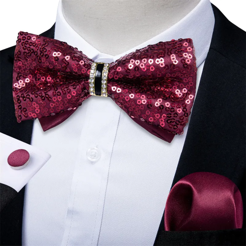 Ties2you Burgundy Sequins Novelty Pre-tied Bowtie Pocket Square Cufflinks Set sold by Ties2You