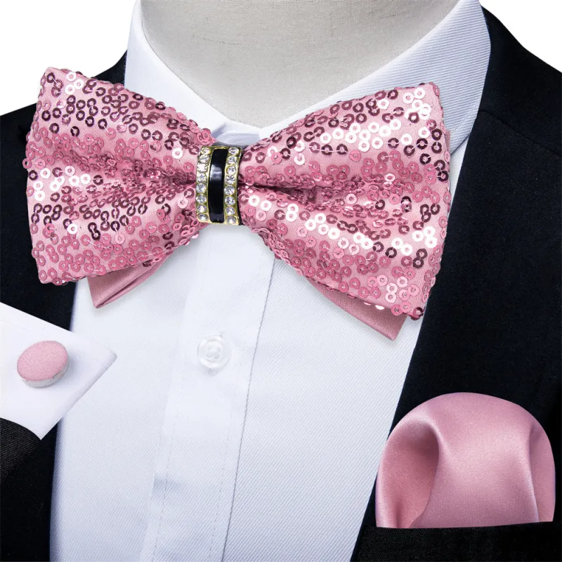 Ties2you Pink Sequins Novelty Pre-tied Bowtie Pocket Square Cufflinks Set sold by Ties2You