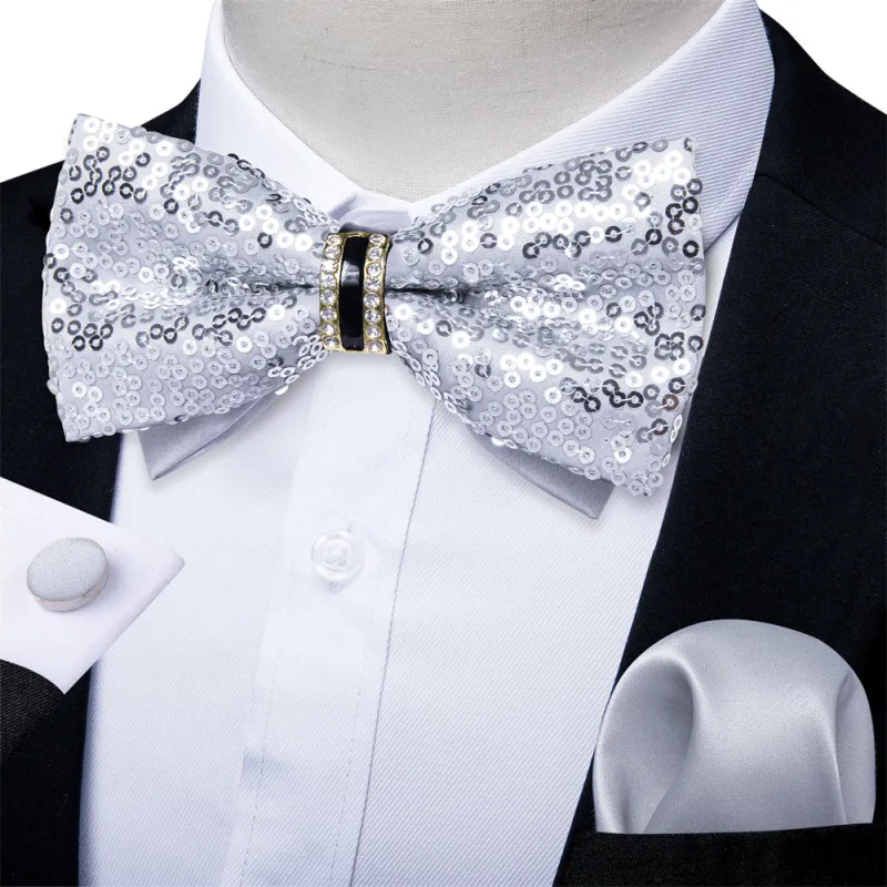 Ties2you White Sequins Novelty Pre-tied Bowtie Pocket Square Cufflinks Set sold by Ties2You
