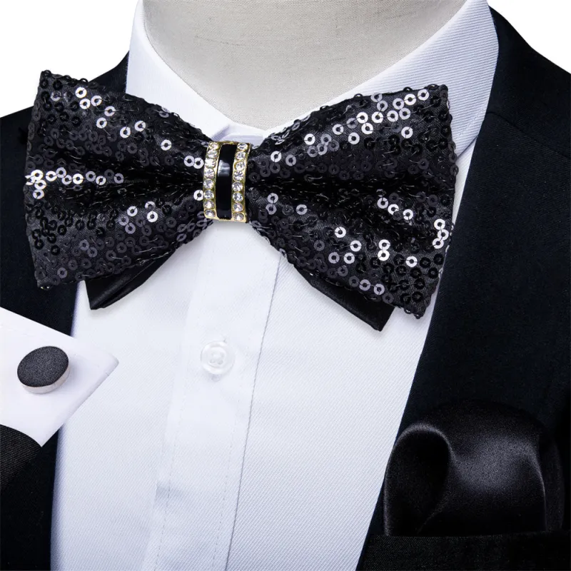 Ties2you Black Sequins Novelty Pre-tied Bowtie Pocket Square Cufflinks Set sold by Ties2You