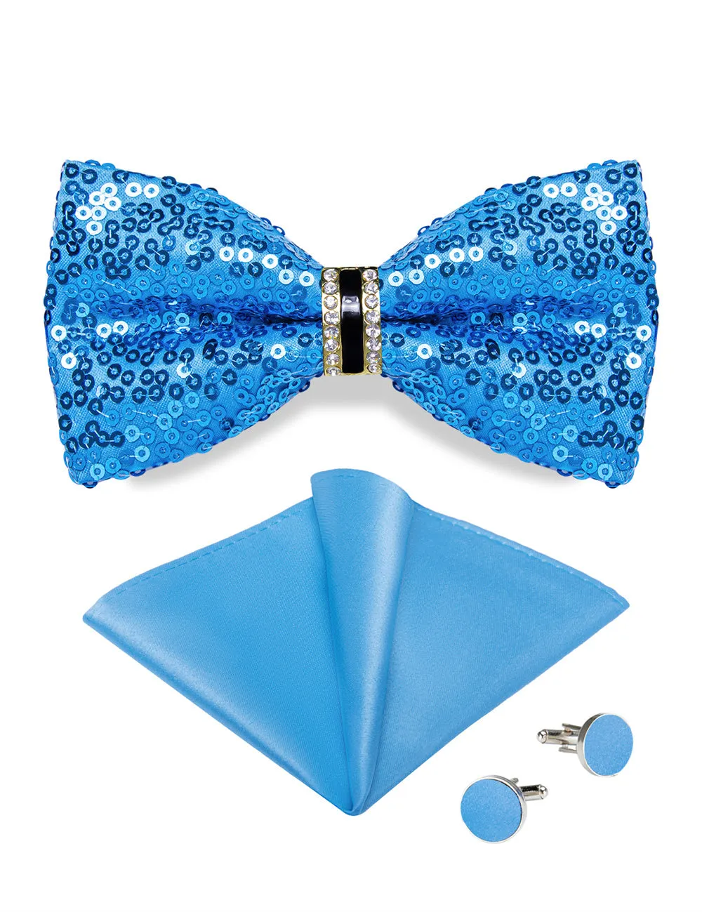 Ties2you Sky Blue Sequins Novelty Pre-tied Bowtie Pocket Square Cufflinks Set sold by Ties2You product image thumbnail 2