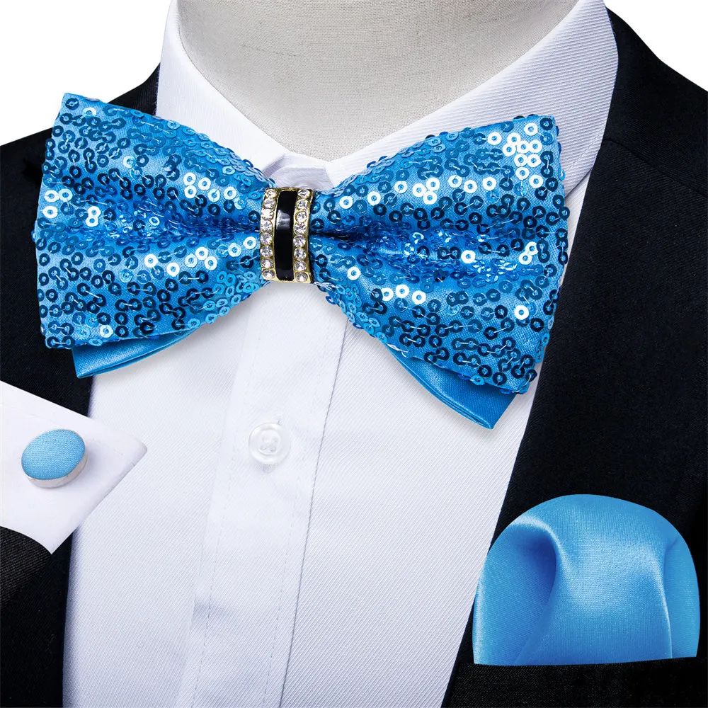 Ties2you Sky Blue Sequins Novelty Pre-tied Bowtie Pocket Square Cufflinks Set sold by Ties2You