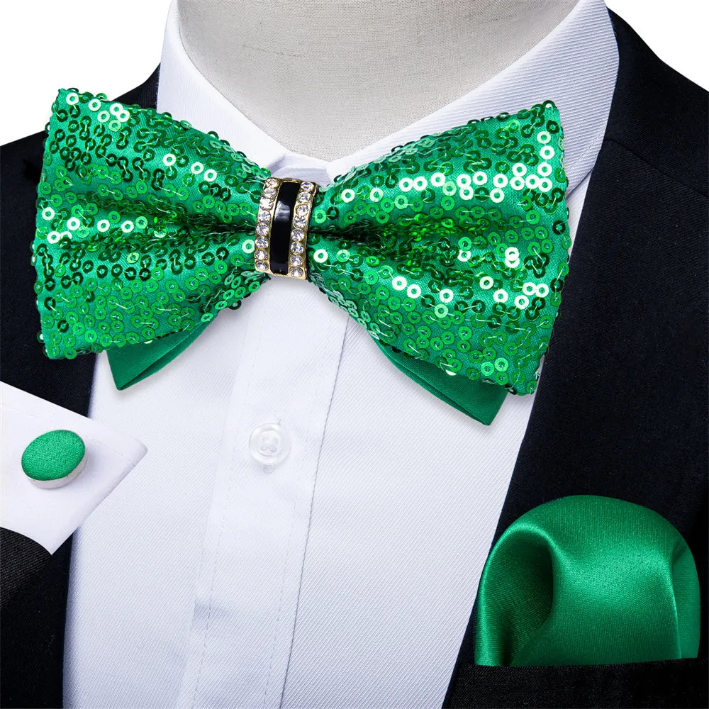 Ties2you Green Sequins Novelty Pre-tied Bowtie Pocket Square Cufflinks Set sold by Ties2You