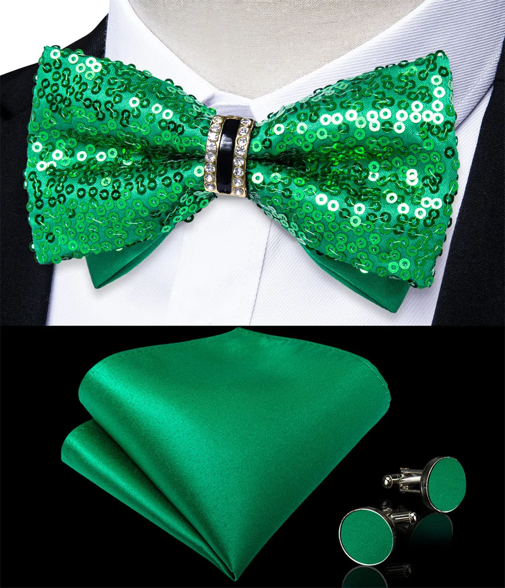 Ties2you Green Sequins Novelty Pre-tied Bowtie Pocket Square Cufflinks Set sold by Ties2You product image thumbnail 3