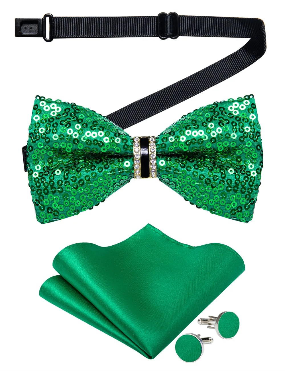 Ties2you Green Sequins Novelty Pre-tied Bowtie Pocket Square Cufflinks Set sold by Ties2You product image thumbnail 4