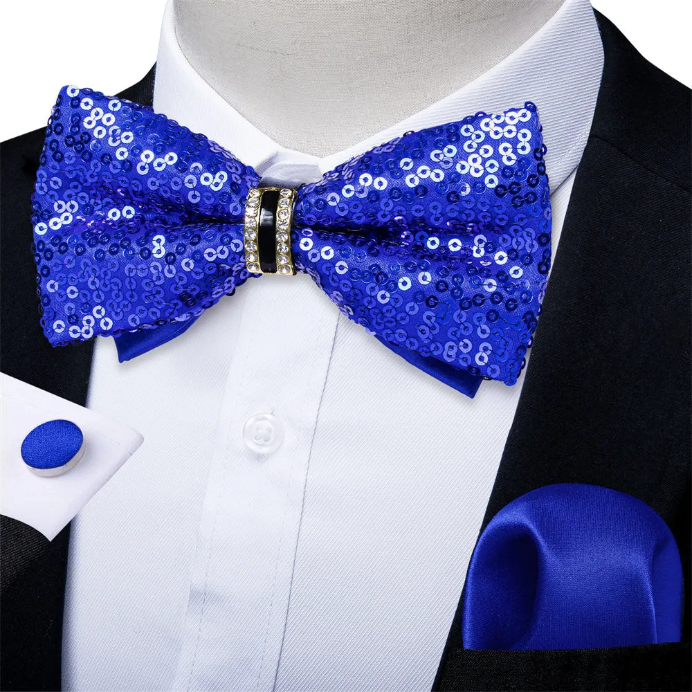 Ties2you Midnight Blue Sequins Novelty Pre-tied Bowtie Pocket Square Cufflinks Set sold by Ties2You