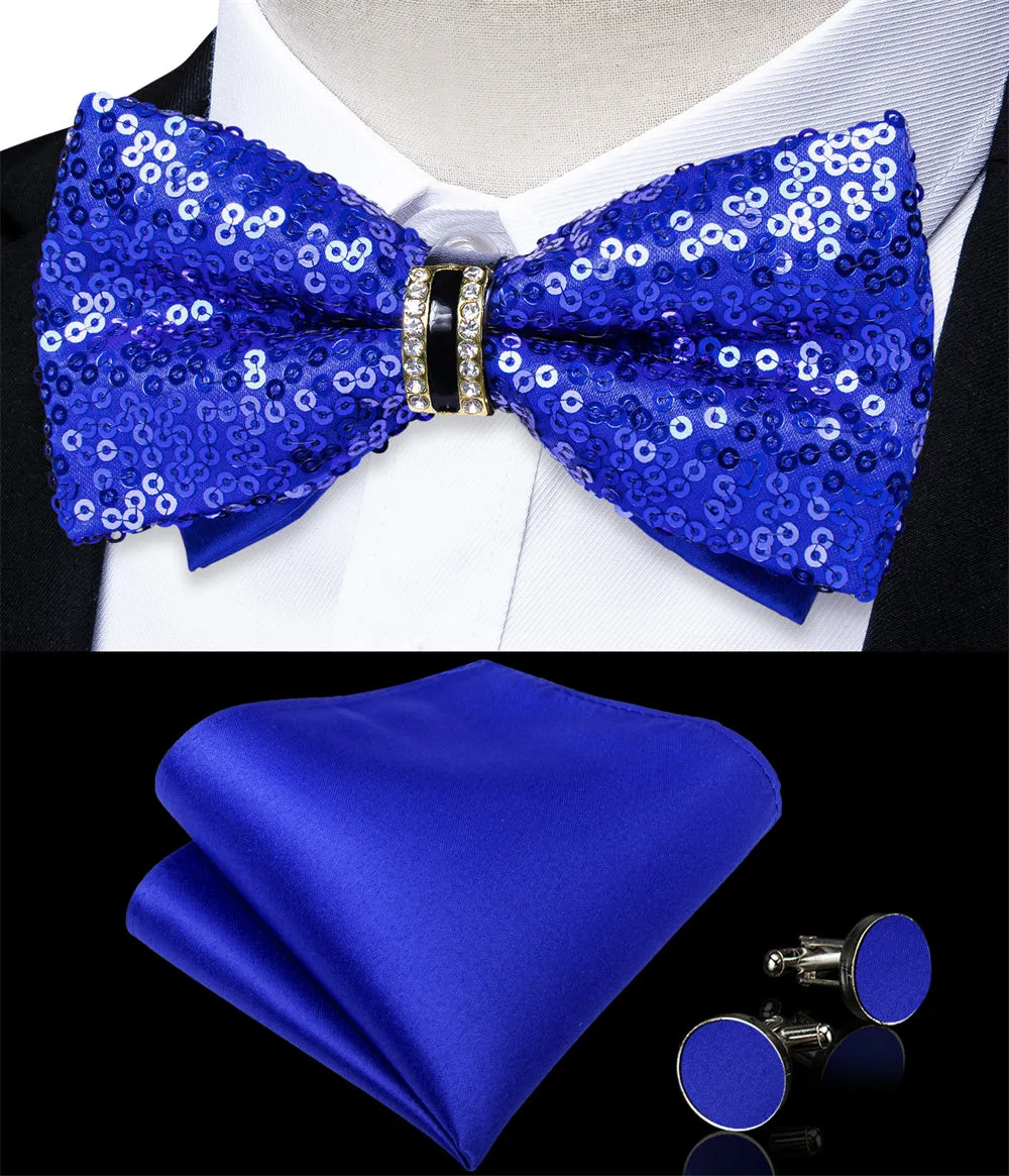 Ties2you Midnight Blue Sequins Novelty Pre-tied Bowtie Pocket Square Cufflinks Set sold by Ties2You product image thumbnail 2