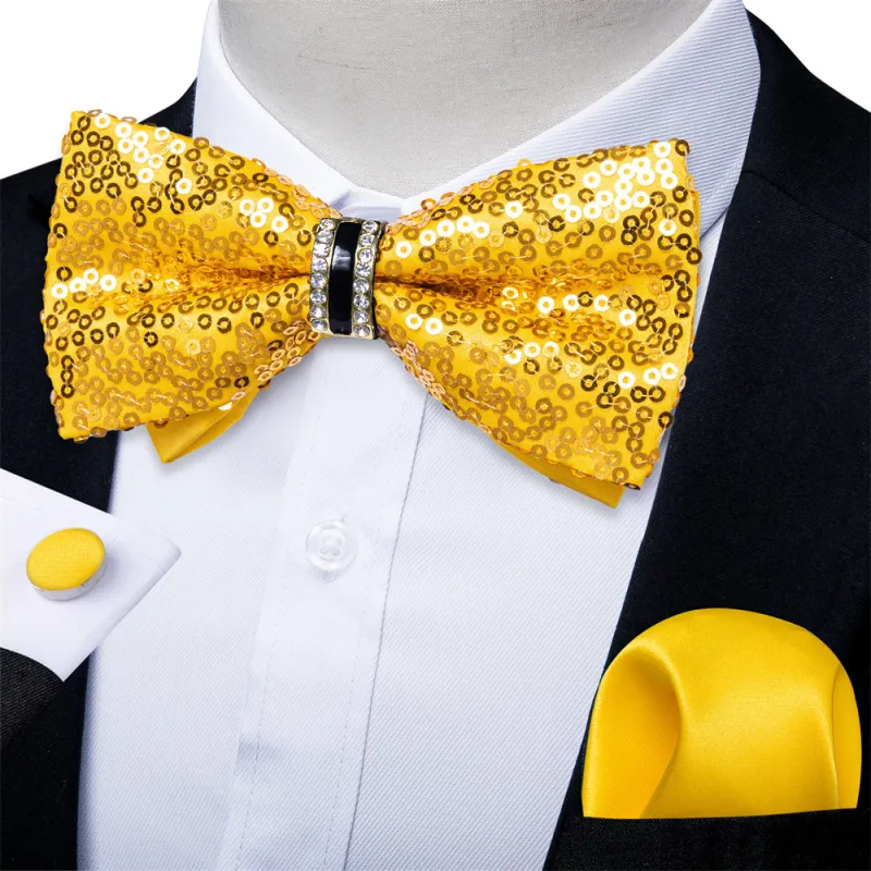 Ties2you Yellow Sequins Novelty Pre-tied Bowtie Pocket Square Cufflinks Set sold by Ties2You