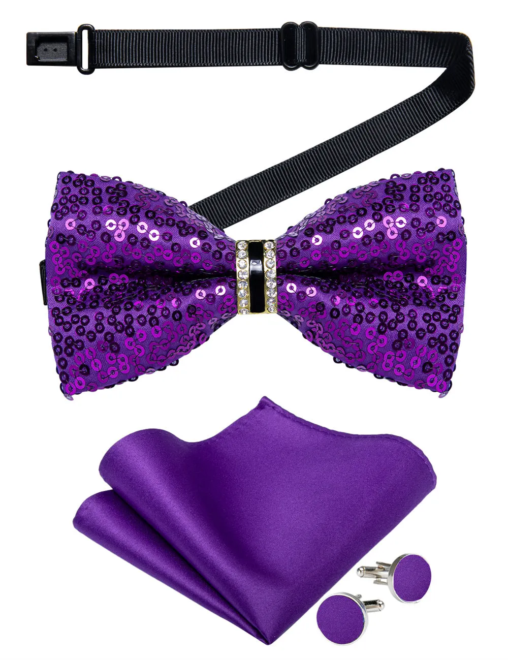 Ties2you Purple Sequins Novelty Pre-tied Bowtie Pocket Square Cufflinks Set sold by Ties2You product image thumbnail 4