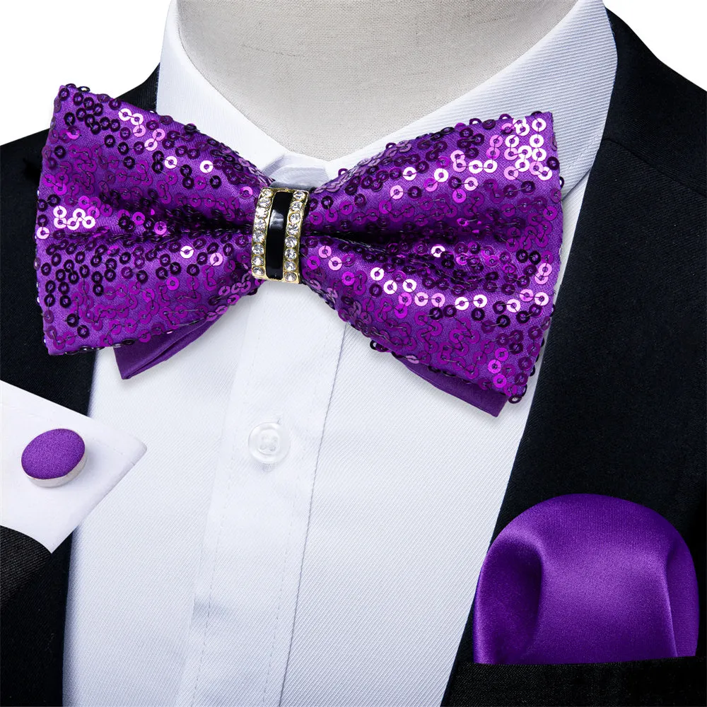 Ties2you Purple Sequins Novelty Pre-tied Bowtie Pocket Square Cufflinks Set sold by Ties2You