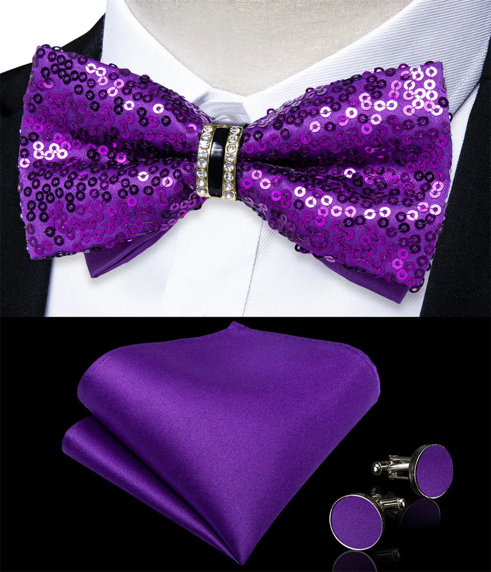 Ties2you Purple Sequins Novelty Pre-tied Bowtie Pocket Square Cufflinks Set sold by Ties2You product image thumbnail 3