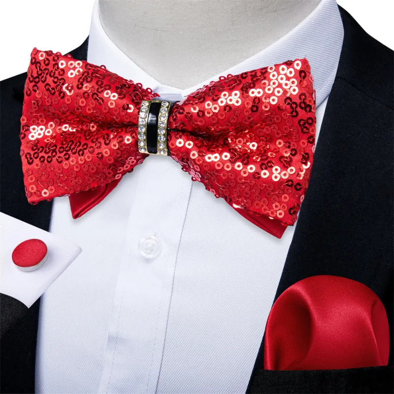 Ties2you Red Sequins Novelty Pre-tied Bowtie Pocket Square Cufflinks Set sold by Ties2You