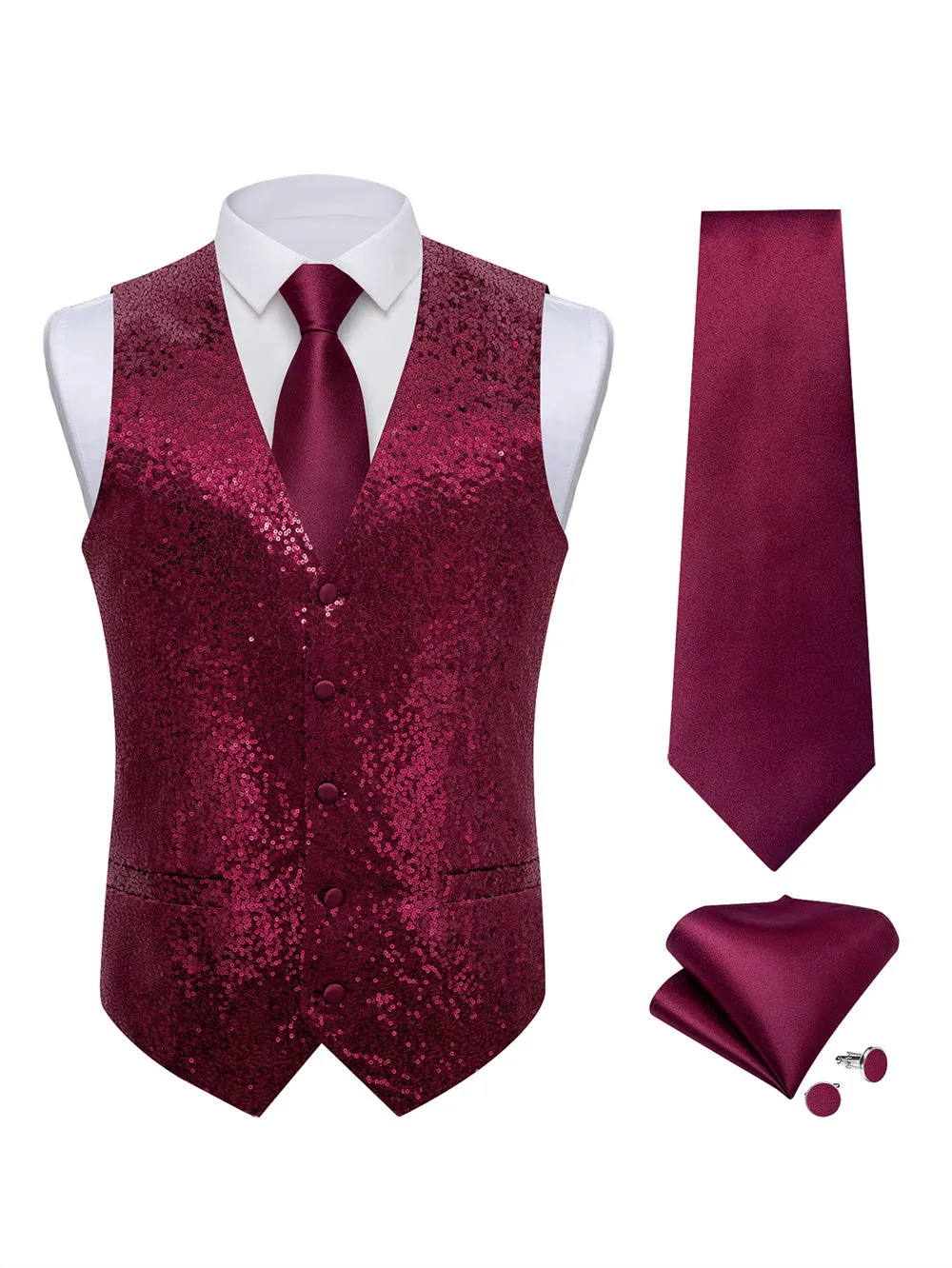 Ties2you Burgundy Sequins Silk Men's Vest Hanky Cufflinks Bowtie Set sold by Ties2You product image thumbnail 2